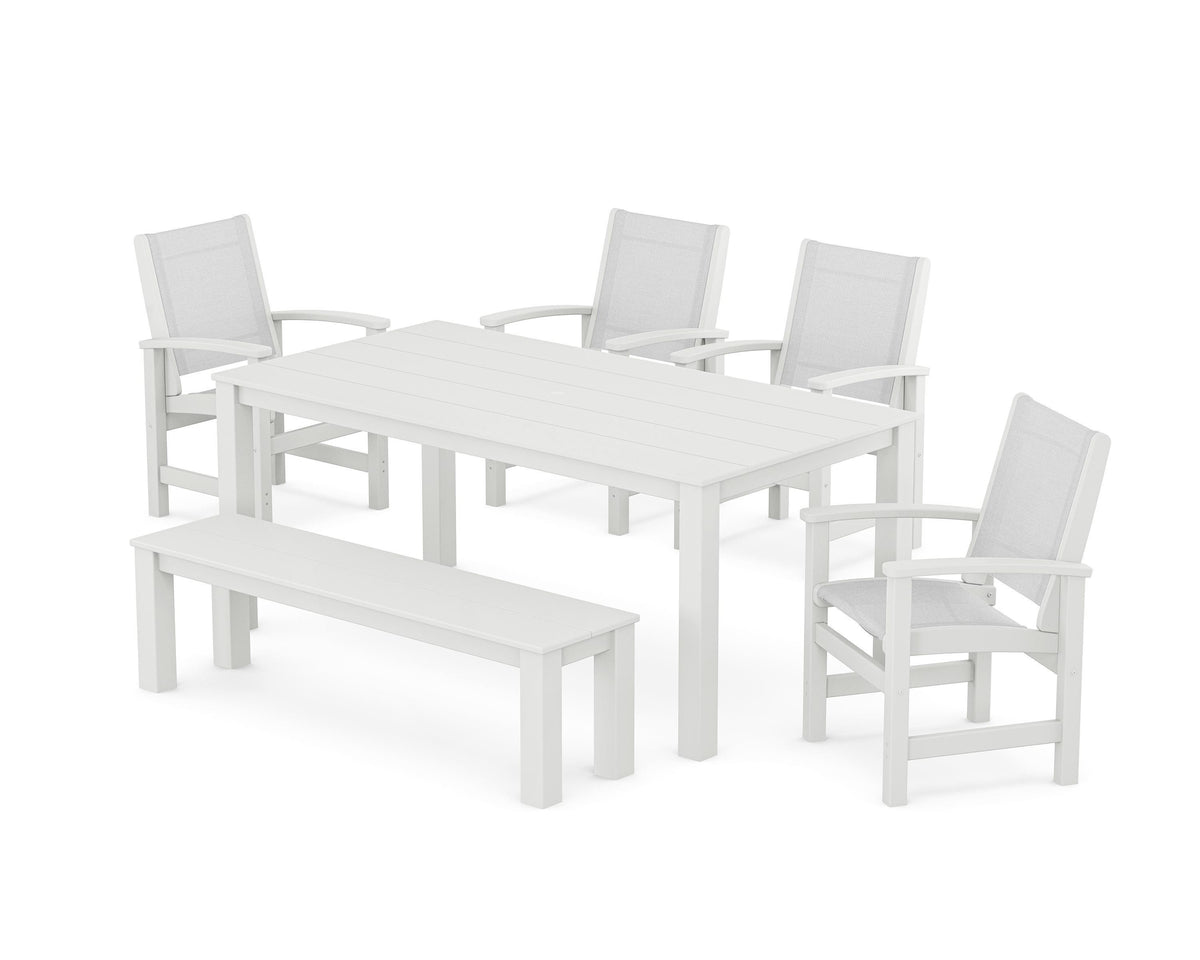 POLYWOOD Coastal 6-Piece Parsons Dining Set with Bench in White / White