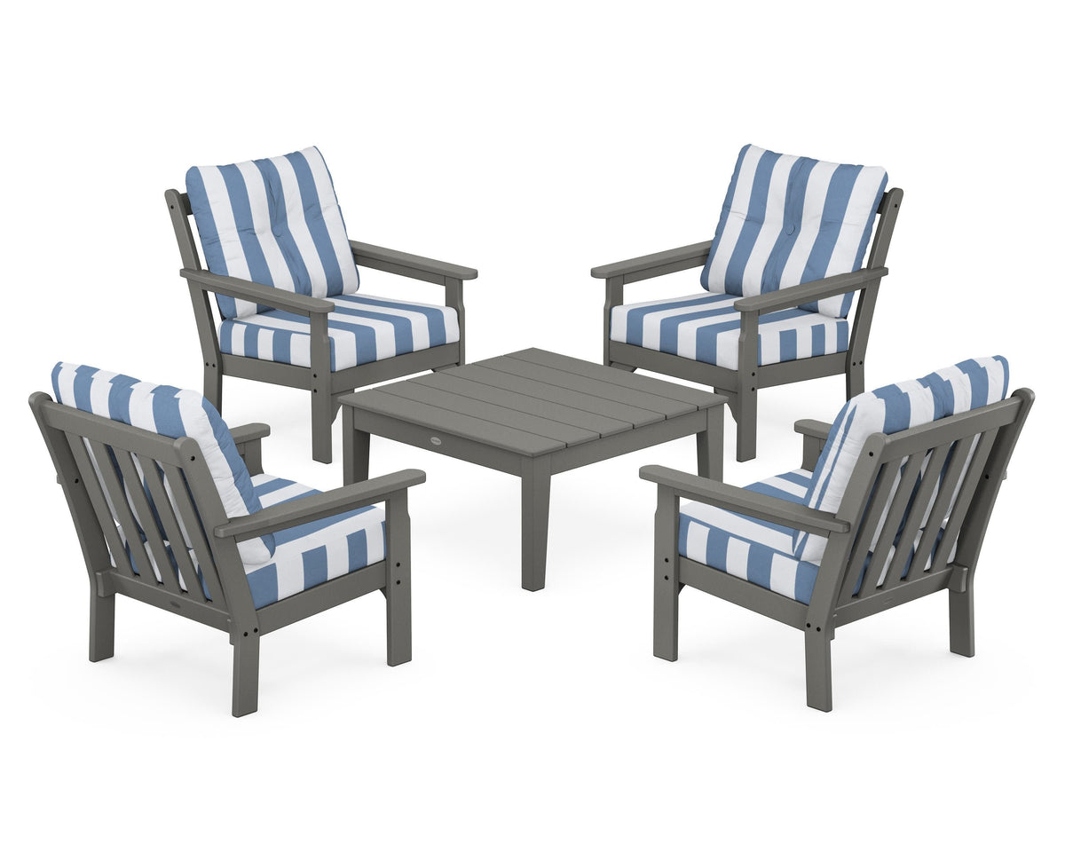 POLYWOOD Vineyard 5-Piece Deep Seating Conversation Set in Slate Grey / Cabana Stripe Sky Blue