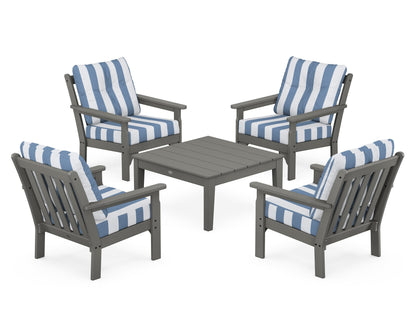 POLYWOOD Vineyard 5-Piece Deep Seating Conversation Set in Slate Grey / Cabana Stripe Sky Blue