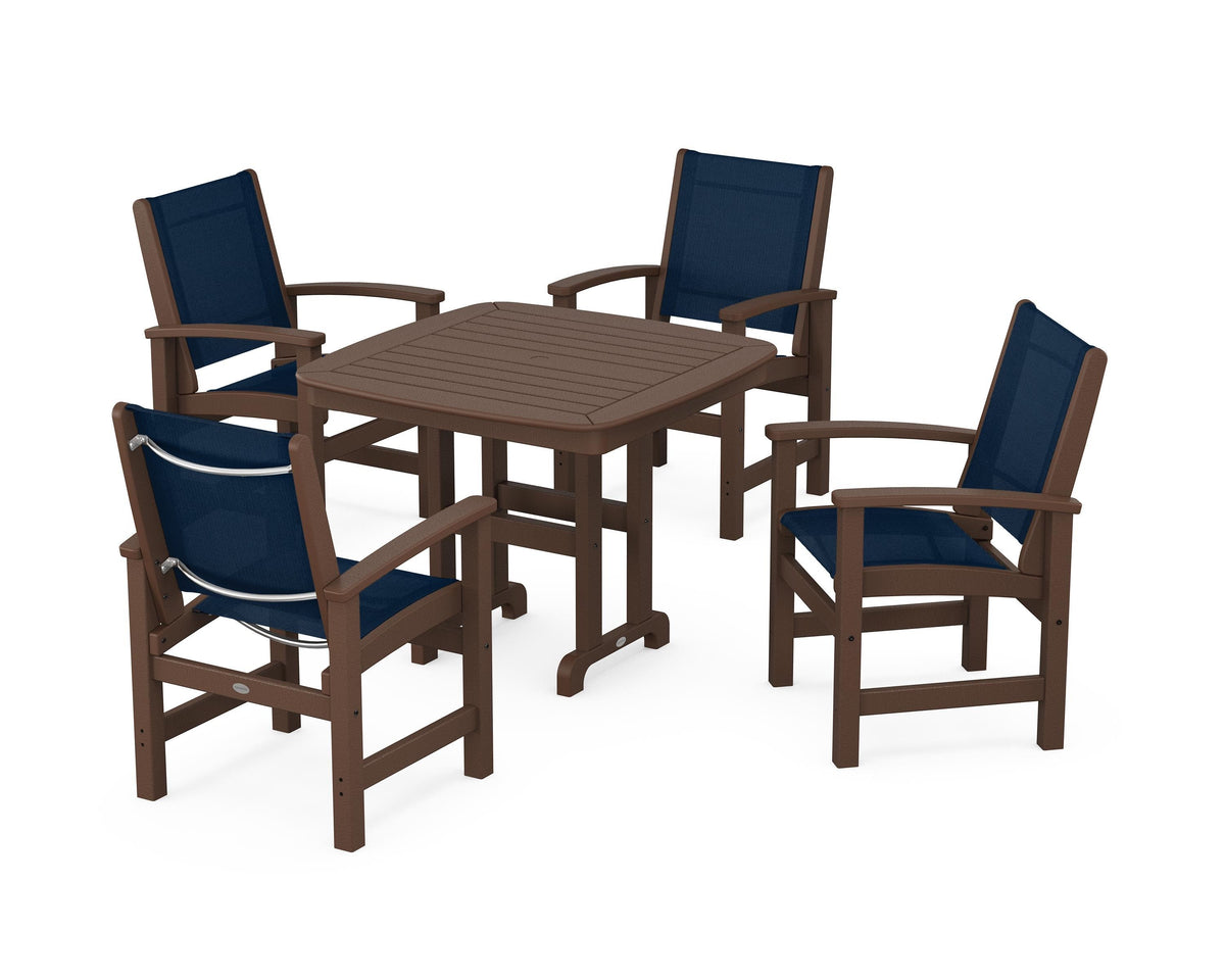 POLYWOOD Coastal 5-Piece Dining Set with Nautical 37" Dining Table in Mahogany / Navy Blue