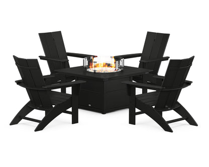 POLYWOOD Modern Curveback Adirondack 5-Piece Conversation Set with Fire Pit Table in Black
