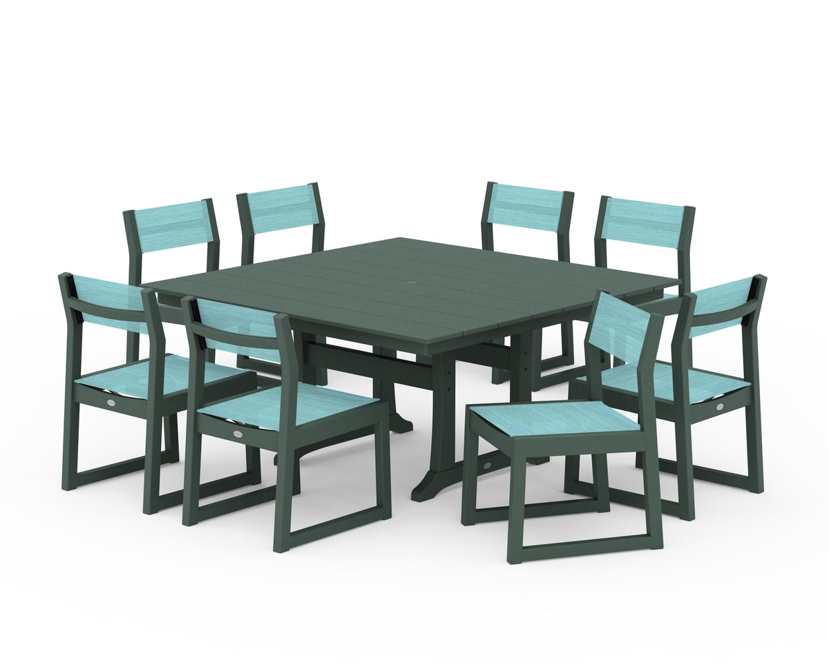 POLYWOOD EDGE Sling Side Chair 9-Piece Farmhouse Trestle Dining Set in Green / Dupioni Aquamarine