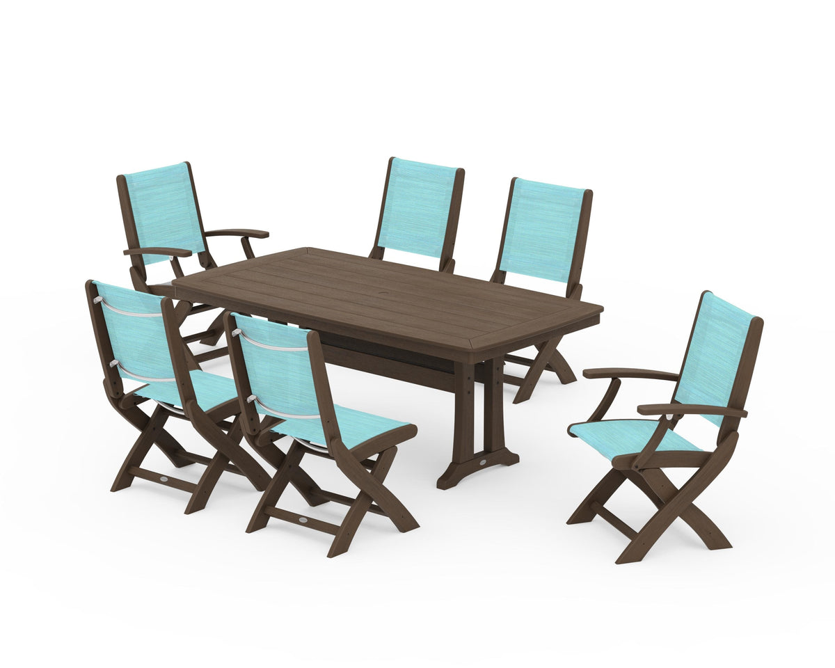 POLYWOOD Coastal Folding Chair 7-Piece Dining Set with Trestle Legs with Nautical Trestle 38" x 73" Dining Table in Kona / Dupioni Aquamarine
