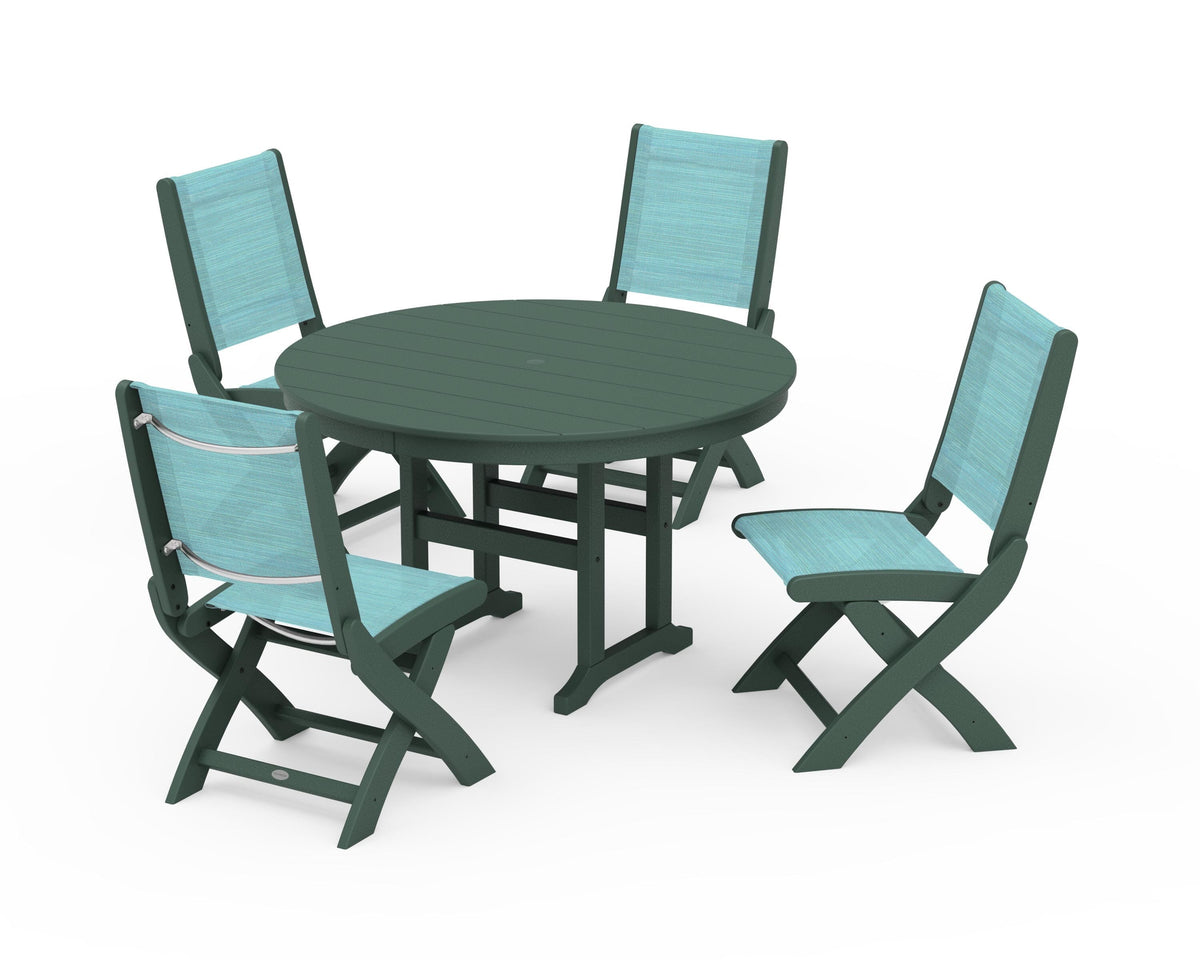 POLYWOOD Coastal Folding Side Chair 5-Piece Round Dining Set in Green / Dupioni Aquamarine