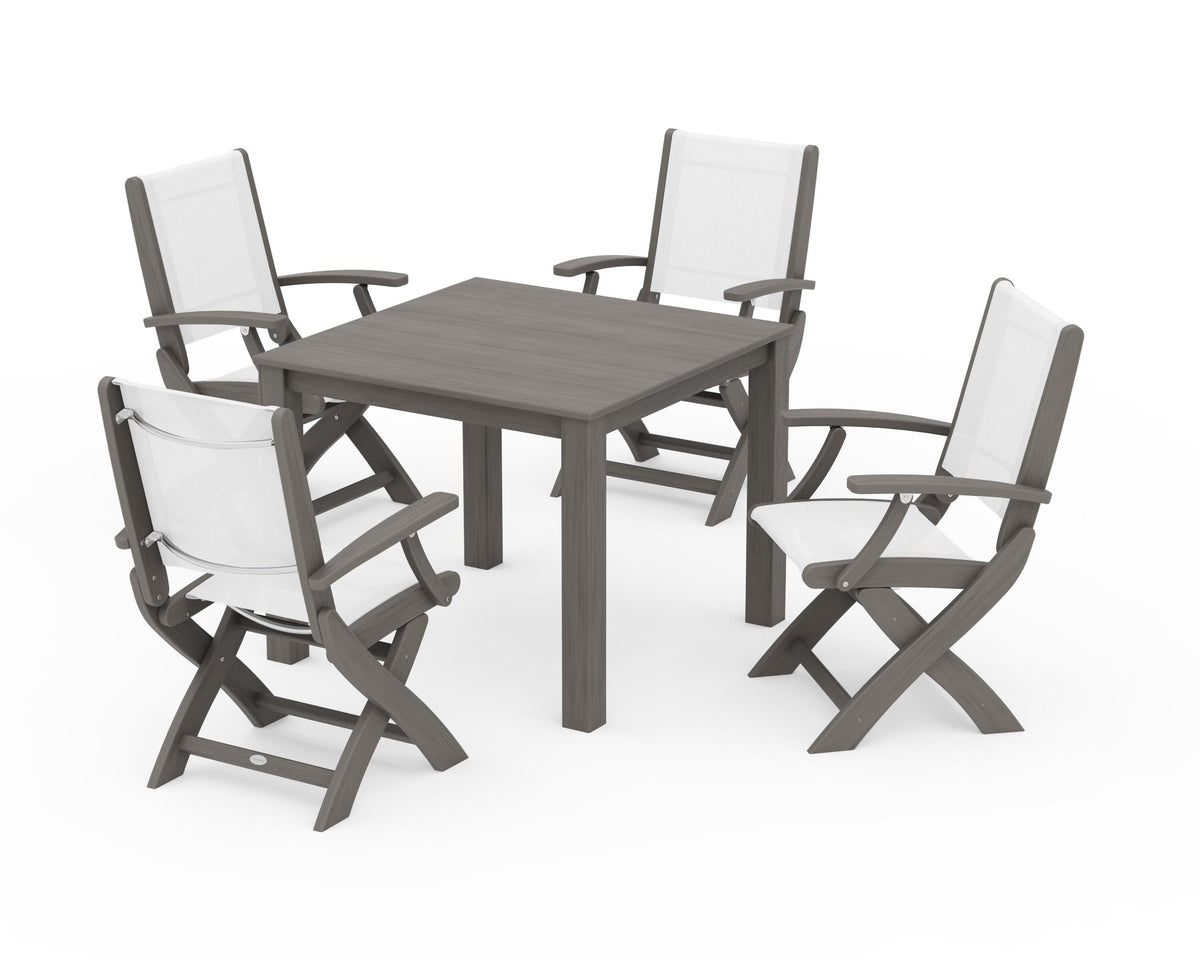 POLYWOOD Coastal Folding Chair 5-Piece Parsons Dining Set in Driftwood / White