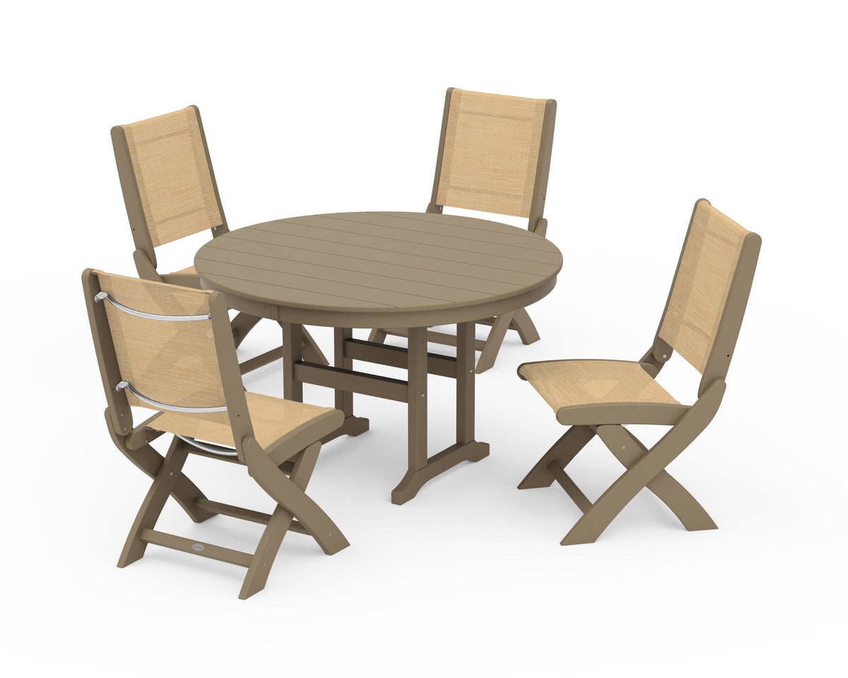 POLYWOOD Coastal Folding Side Chair 5-Piece Round Dining Set in Vintage Sahara / Dupioni Apricot