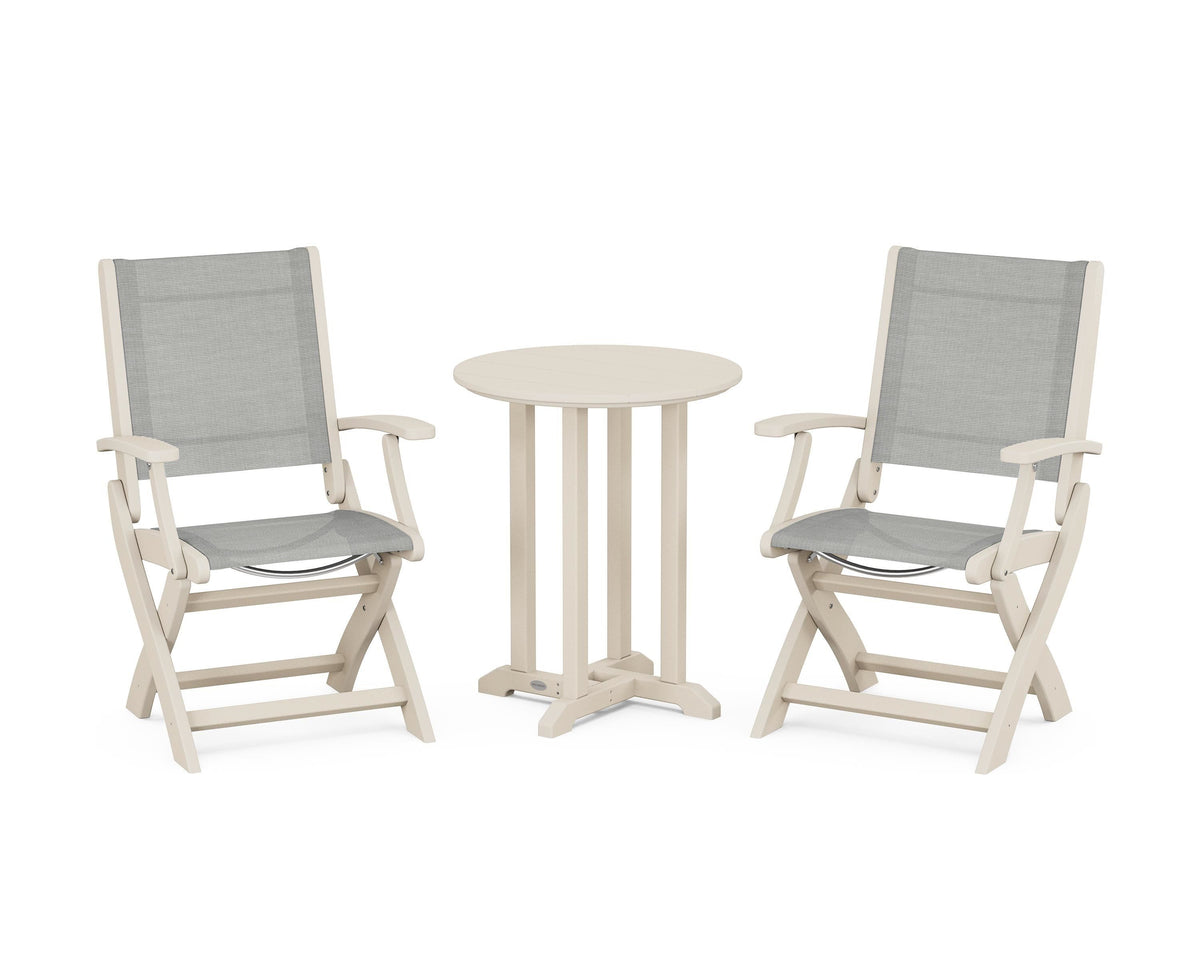 POLYWOOD Coastal Folding 3-Piece Round Bistro Dining Set in Sand / Metallic