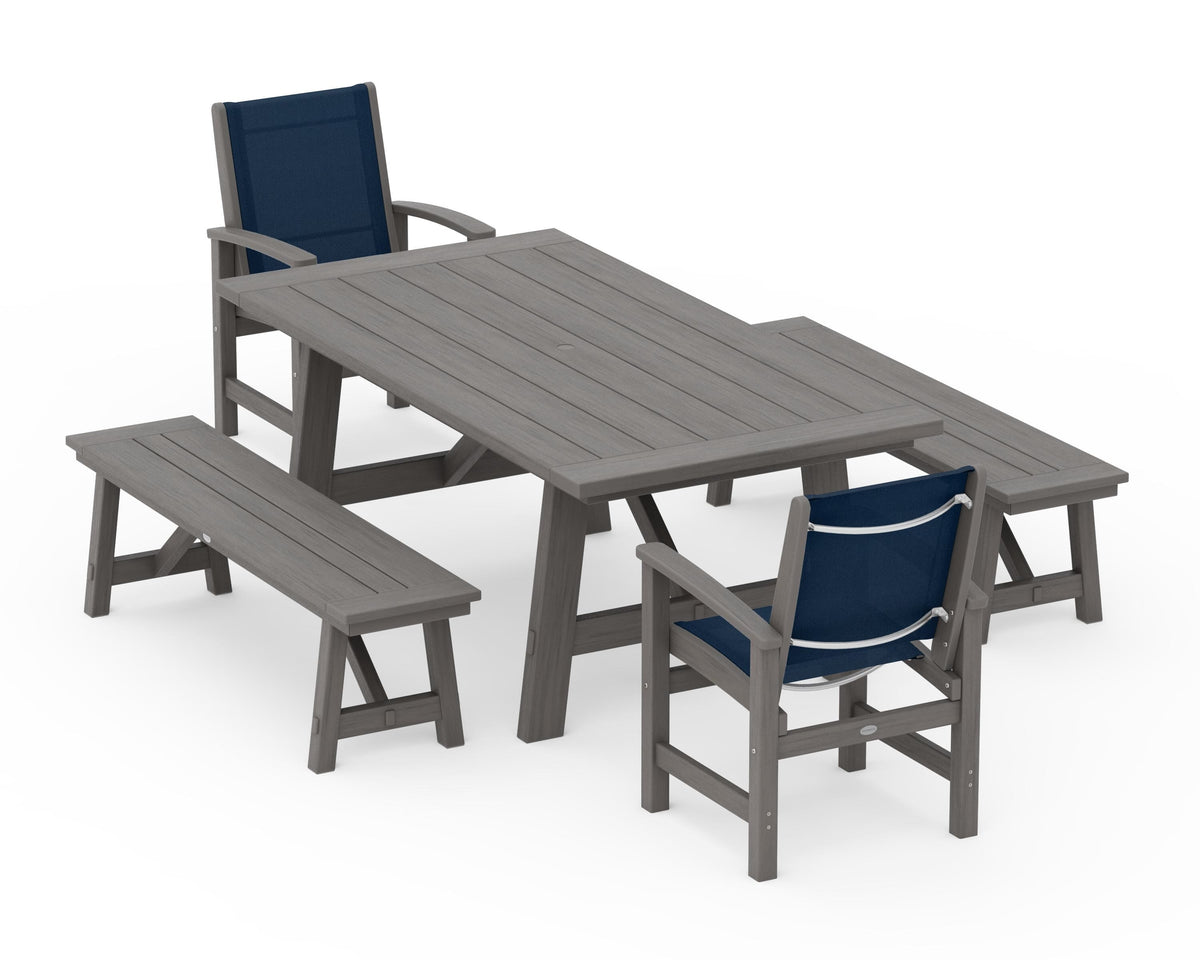 POLYWOOD Coastal 5-Piece Rustic Farmhouse Dining Set With Benches in Driftwood / Navy Blue