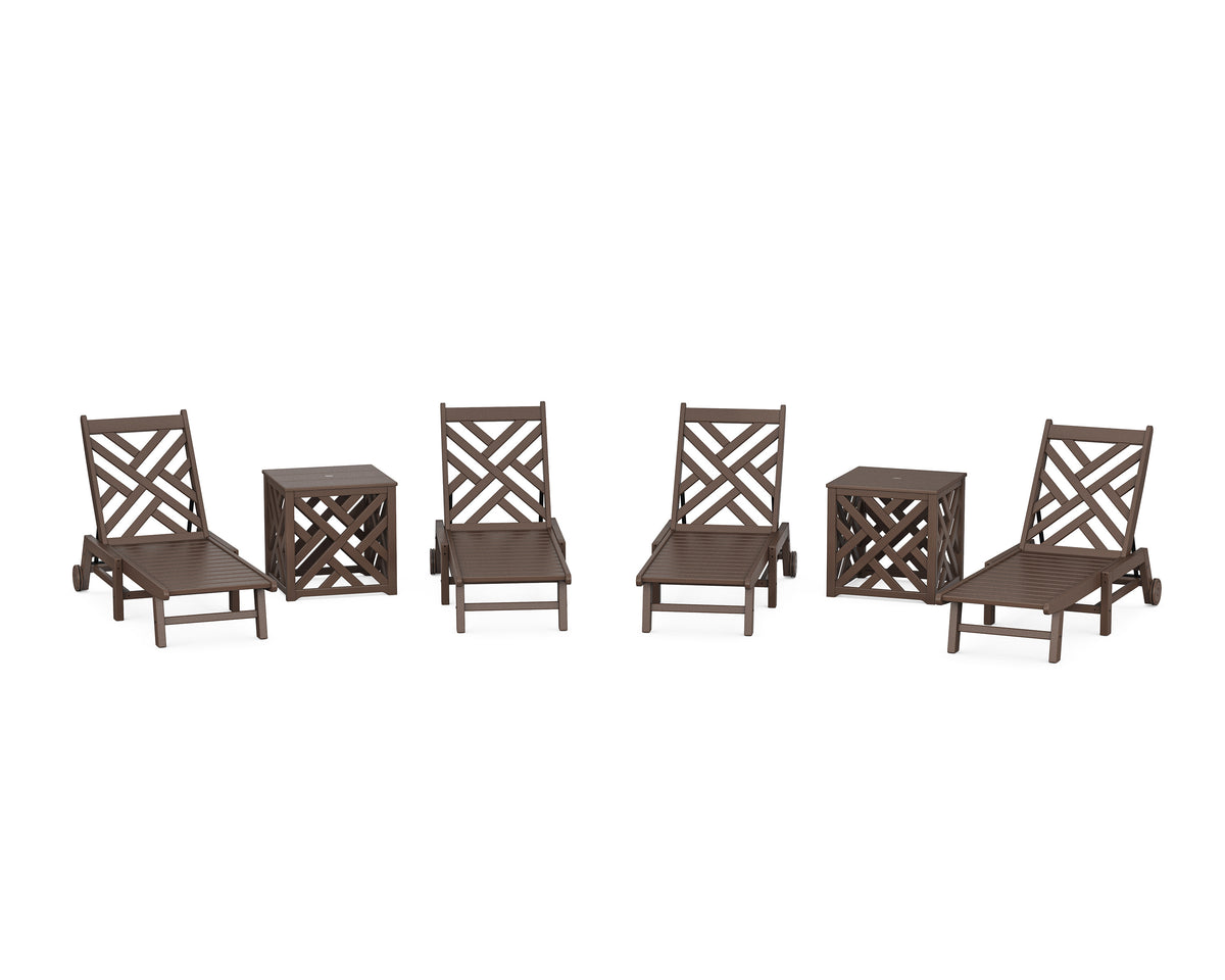 POLYWOOD Chippendale 6-Piece Chaise Set with Wheels and Umbrella Stand Accent Table in Mahogany