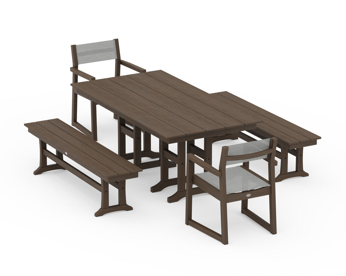 POLYWOOD EDGE Sling Arm Chair 5-Piece Farmhouse Dining Set with Benches in Kona / Metallic