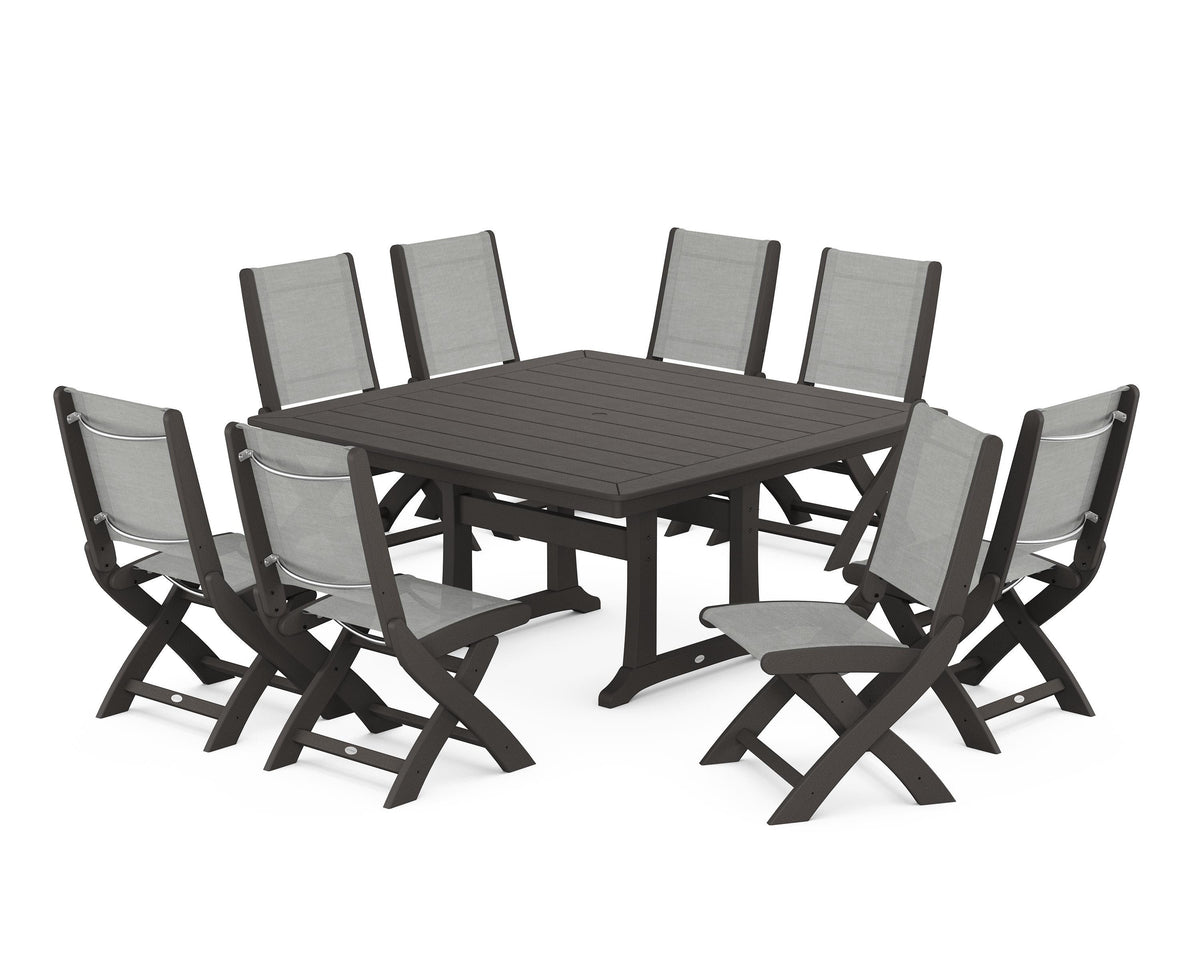POLYWOOD Coastal Folding Side Chair 9-Piece Dining Set with Trestle Legs in Vintage Coffee / Metallic