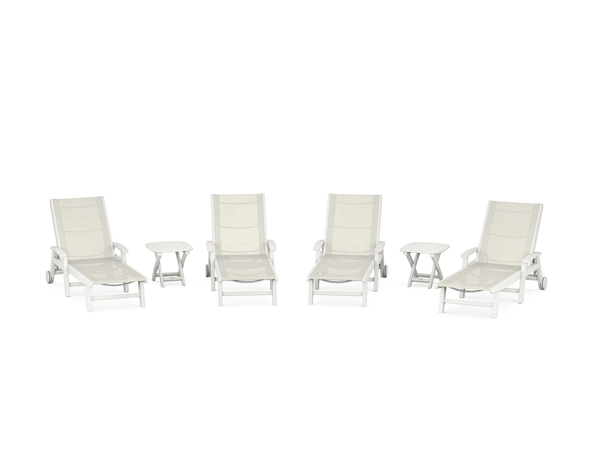 POLYWOOD Coastal Chaise 6-Piece Set with Wheels in Vintage White / Parchment