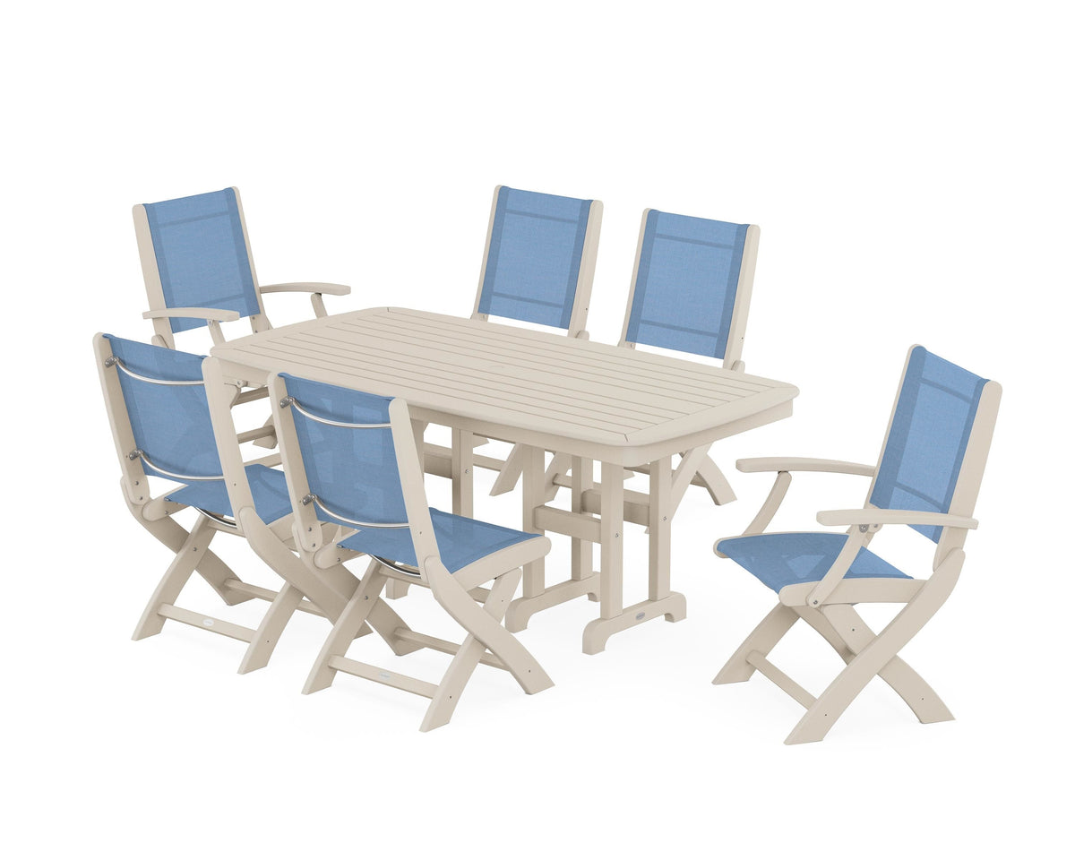 POLYWOOD Coastal Folding Chair 7-Piece Dining Set in Sand / Poolside