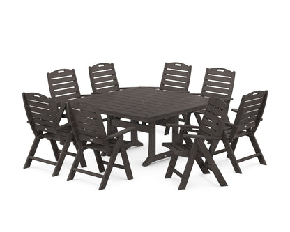 POLYWOOD Nautical Highback 9-Piece Square Dining Set with Trestle Legs in Vintage Coffee