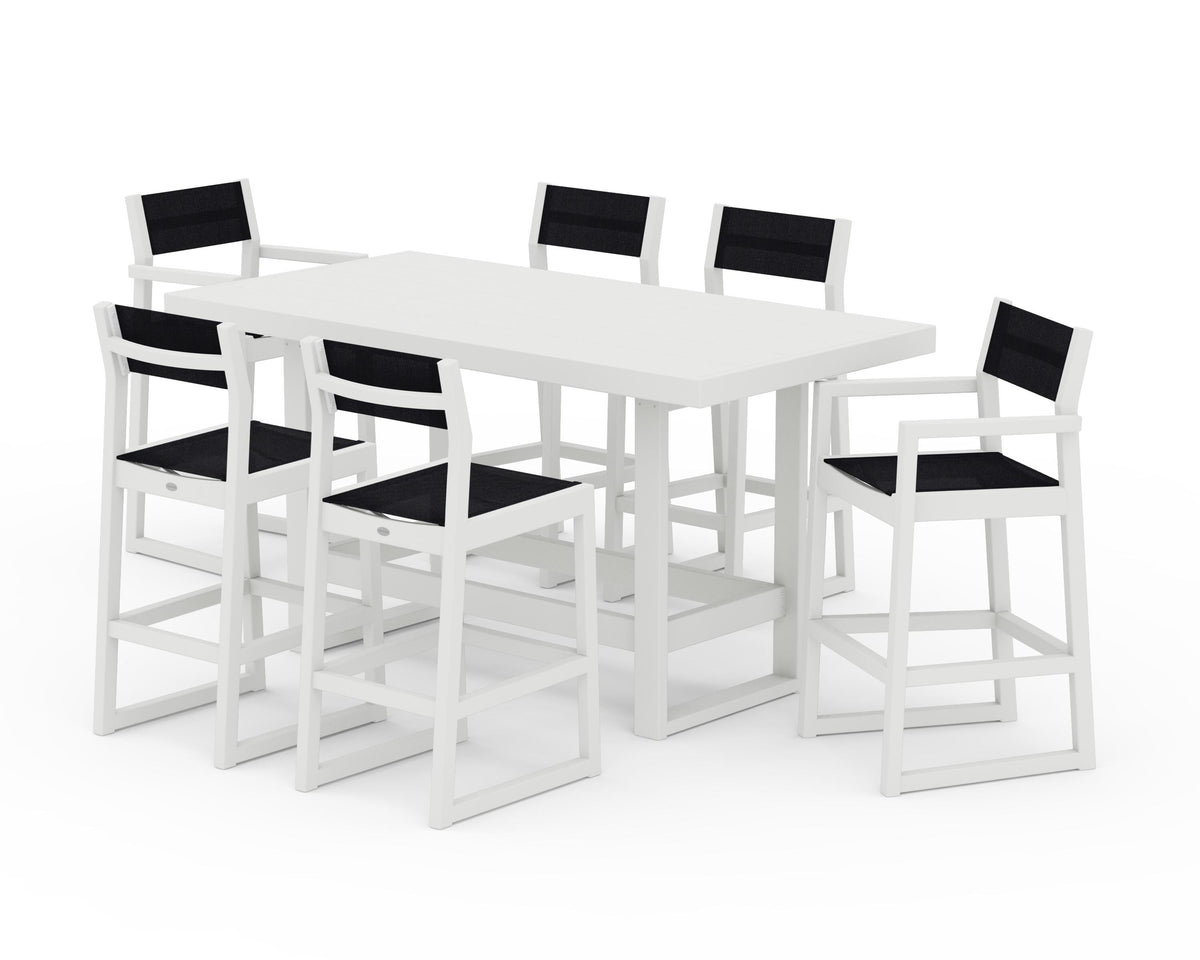 POLYWOOD EDGE Sling 7-Piece Bar Table Set in Vintage White / Black