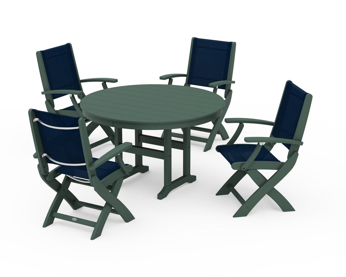 POLYWOOD Coastal Folding Chair 5-Piece Round Dining Set in Green / Navy Blue