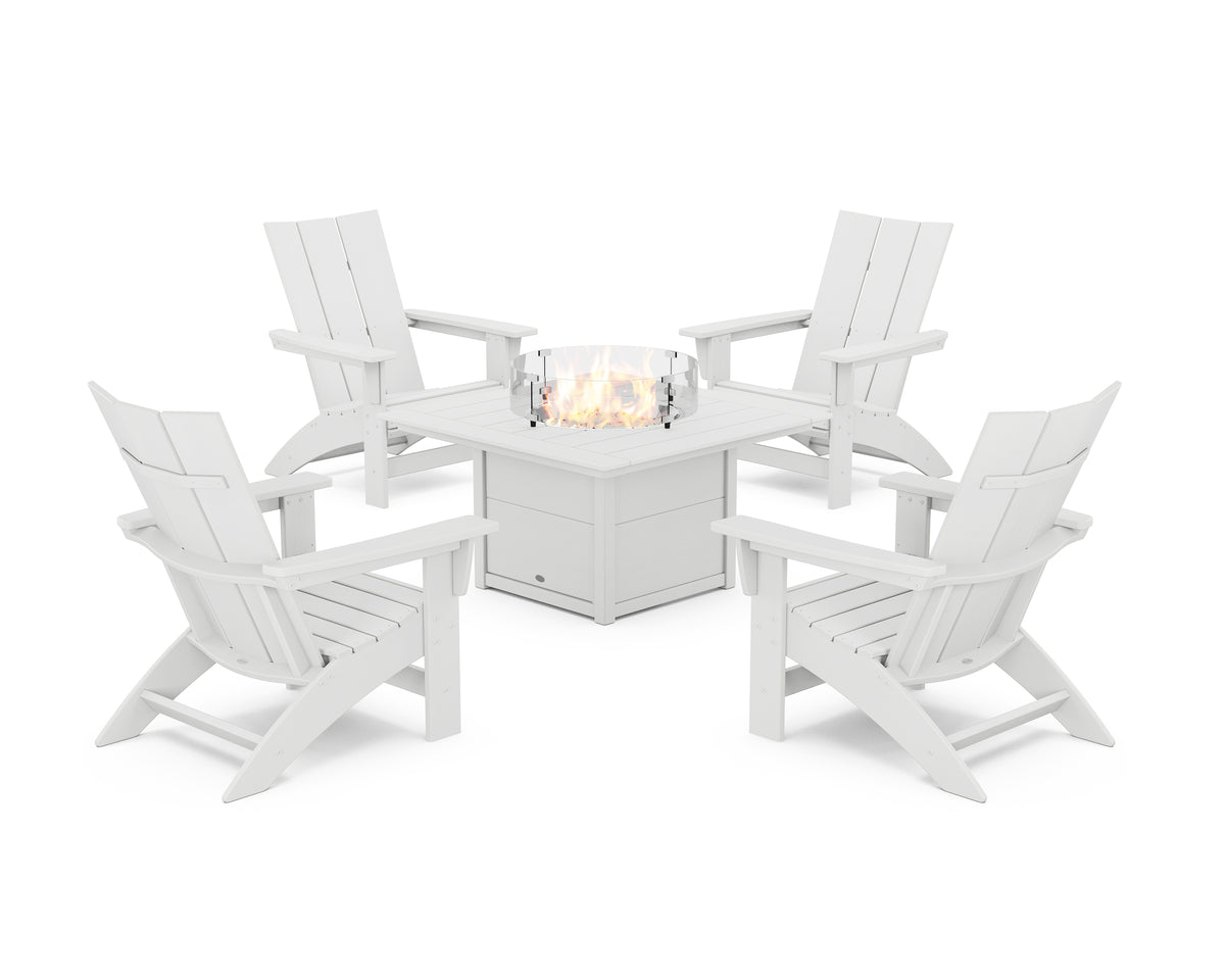 POLYWOOD 5-Piece Modern Grand Adirondack Conversation Set with Fire Pit Table in White