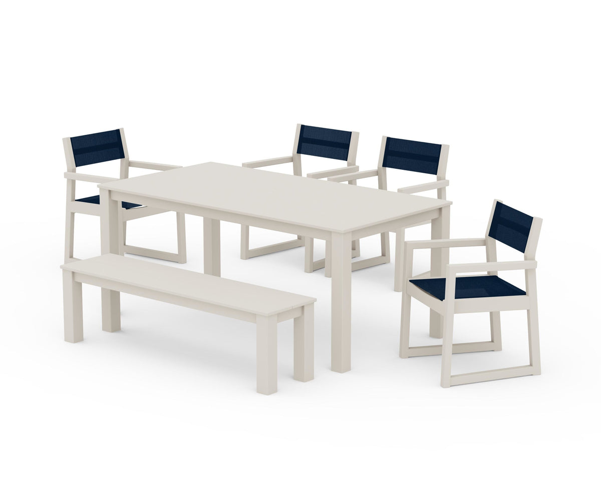POLYWOOD EDGE Sling Arm Chair 6-Piece Parsons Dining Set with Bench in Sand / Navy Blue