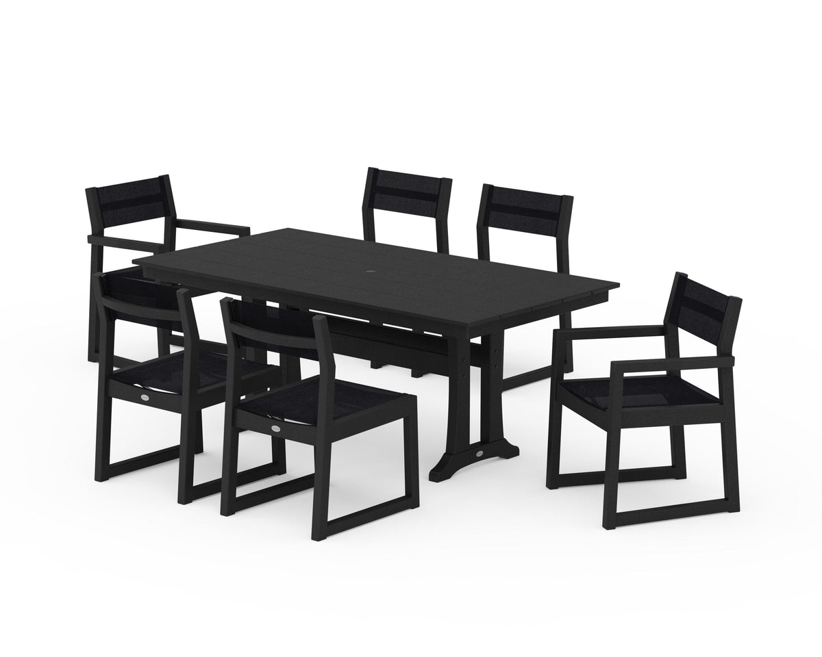 POLYWOOD EDGE Sling 7-Piece Farmhouse Trestle Dining Set in Black / Black