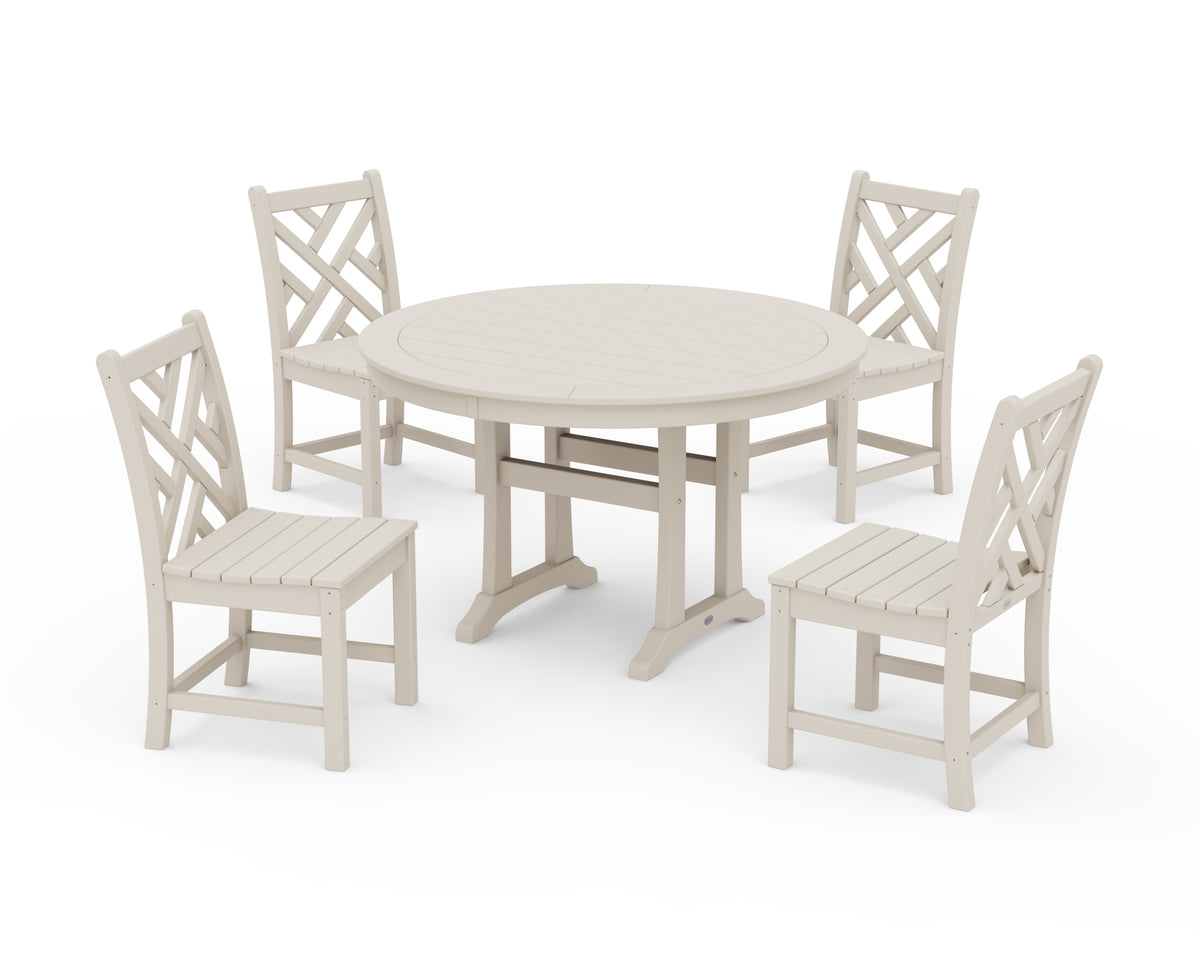 POLYWOOD Chippendale Side Chair 5-Piece Round Dining Set with Trestle Legs in Sand