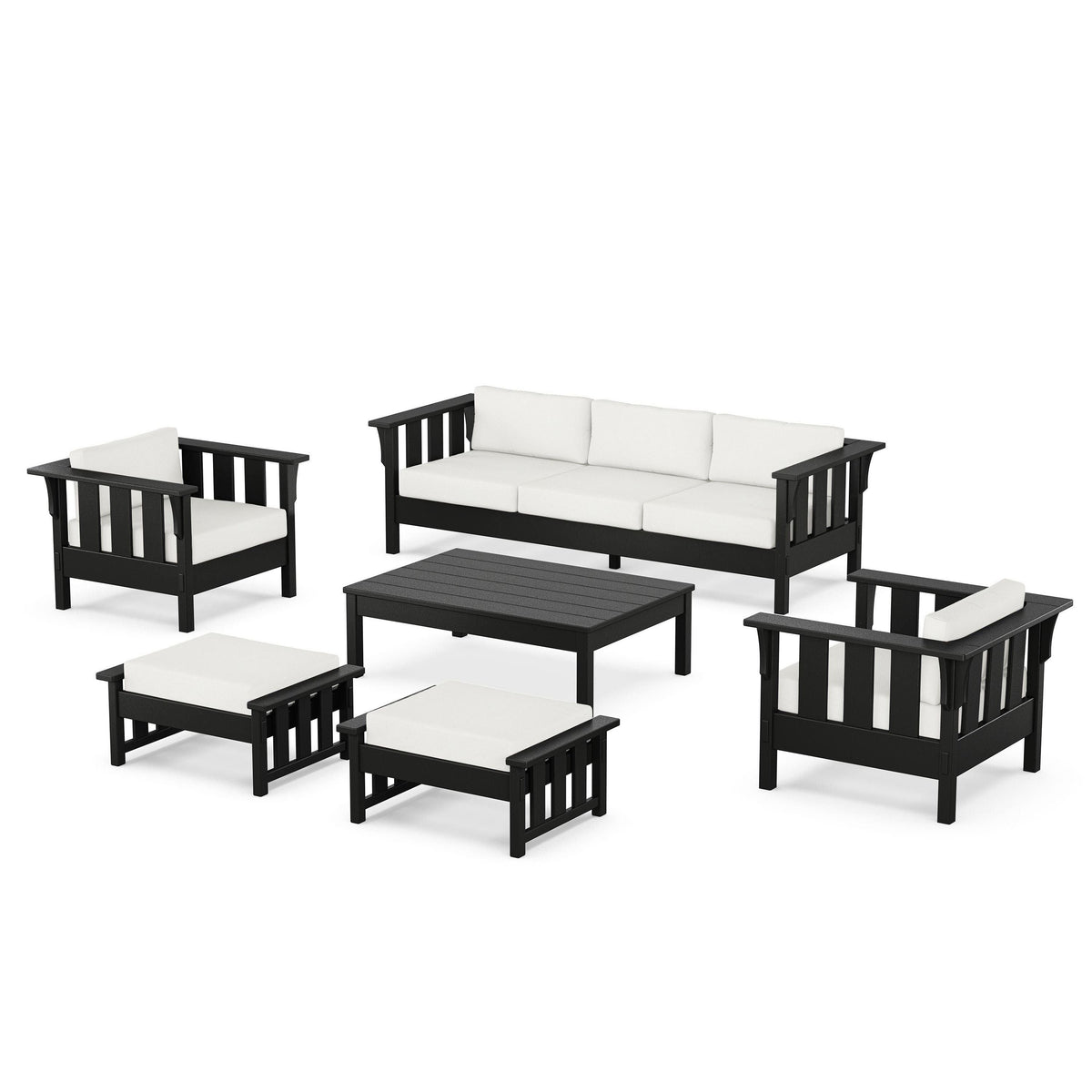 POLYWOOD Acadia 6-Piece Lounge Sofa Set shown with Black frame and Natural Linen cushions