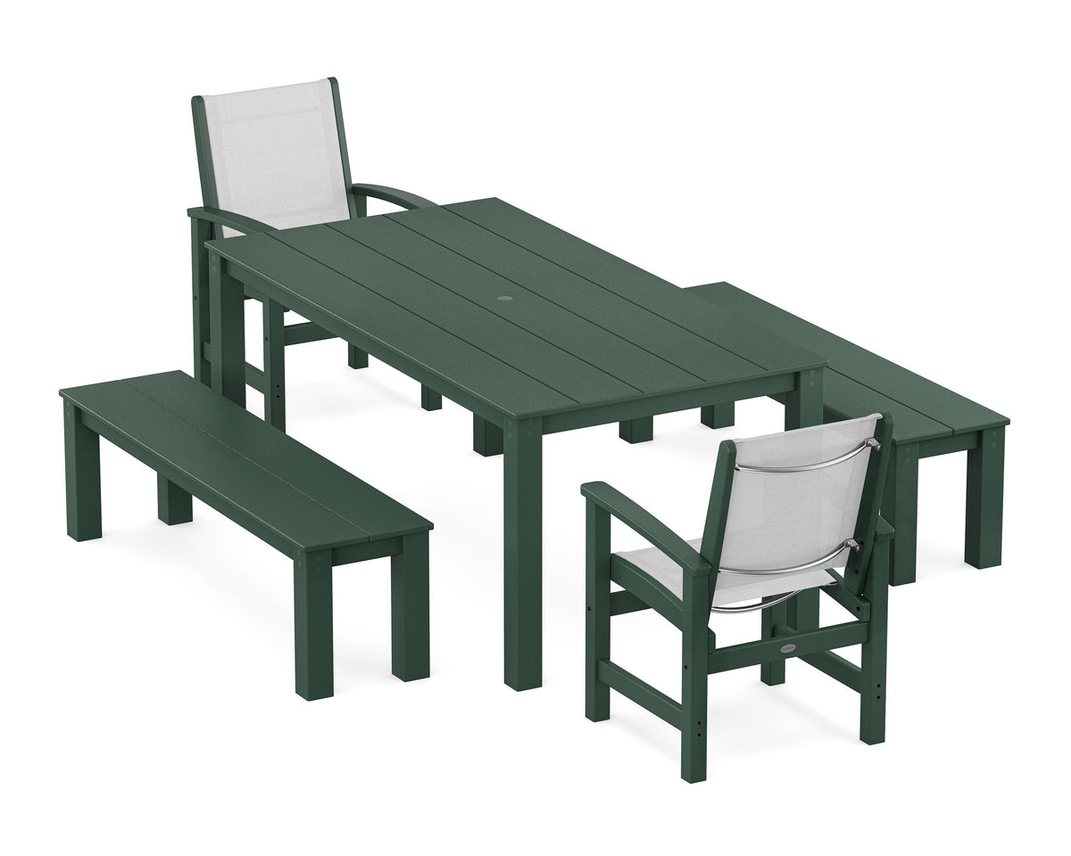 POLYWOOD Coastal 5-Piece Parsons Dining Set with Benches in Green / White