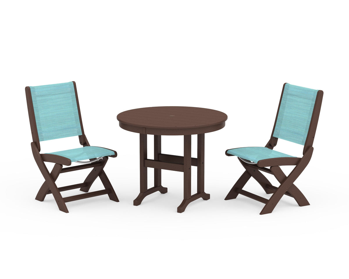 POLYWOOD Coastal Folding Side Chair 3-Piece Round Dining Set in Mahogany / Dupioni Aquamarine