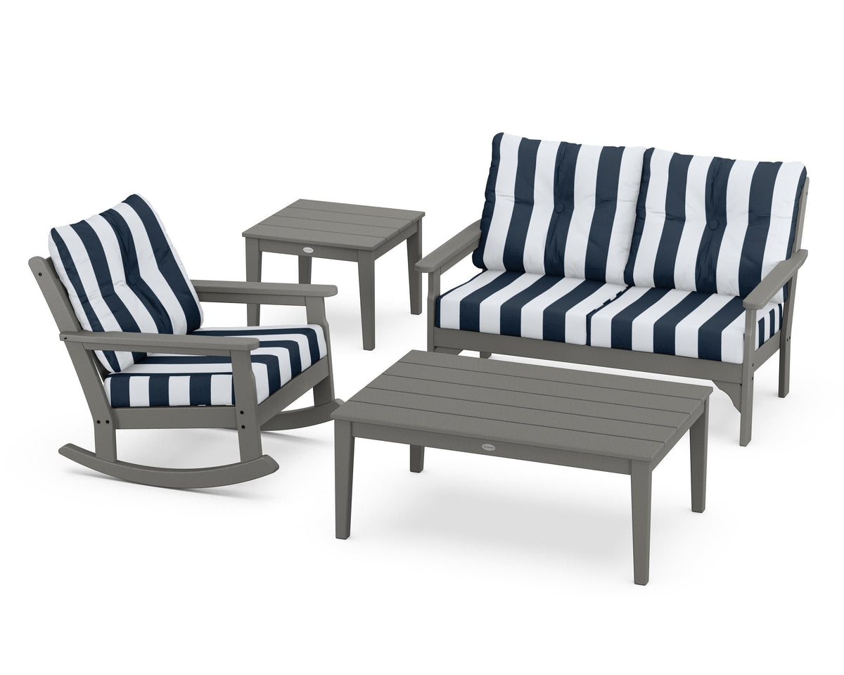 POLYWOOD Vineyard 4-Piece Deep Seating Rocker Set in Slate Grey / Cabana Stripe Marine Indigo