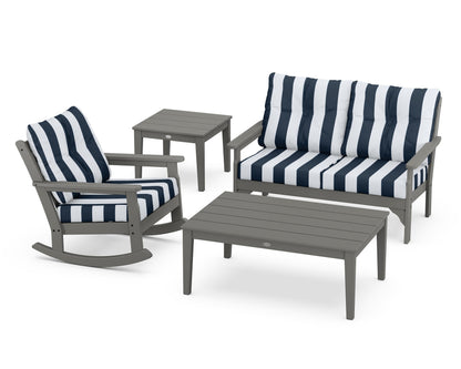 POLYWOOD Vineyard 4-Piece Deep Seating Rocker Set in Slate Grey / Cabana Stripe Marine Indigo