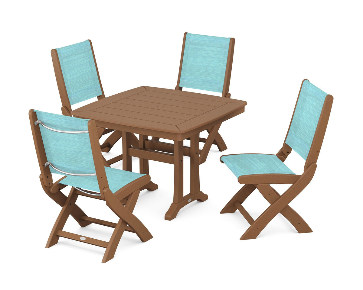 POLYWOOD Coastal Folding Side Chair 5-Piece Dining Set with Trestle Legs in Teak / Dupioni Aquamarine