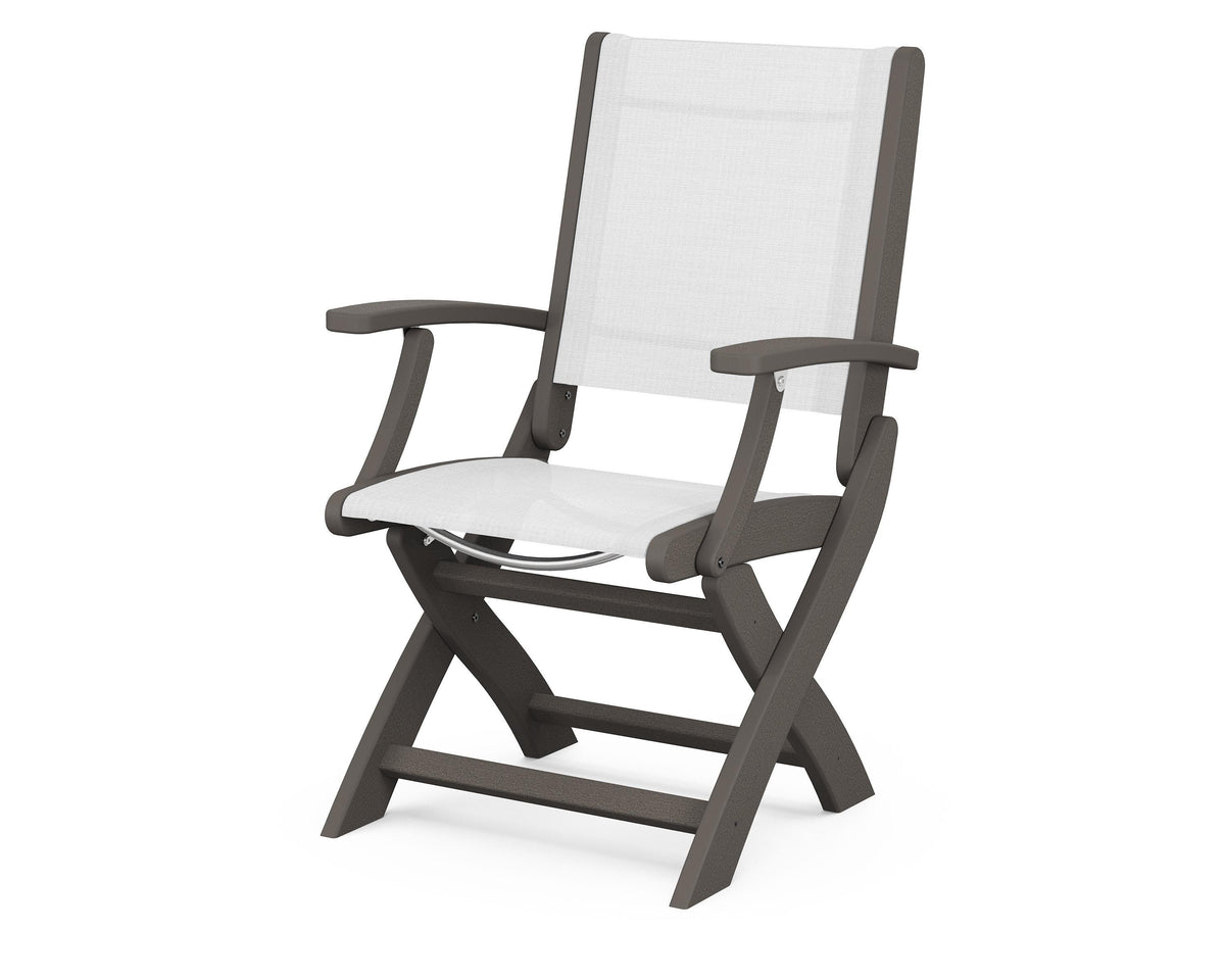 POLYWOOD Coastal Folding Chair in Vintage Coffee with Vintage Coffee arms and White sling