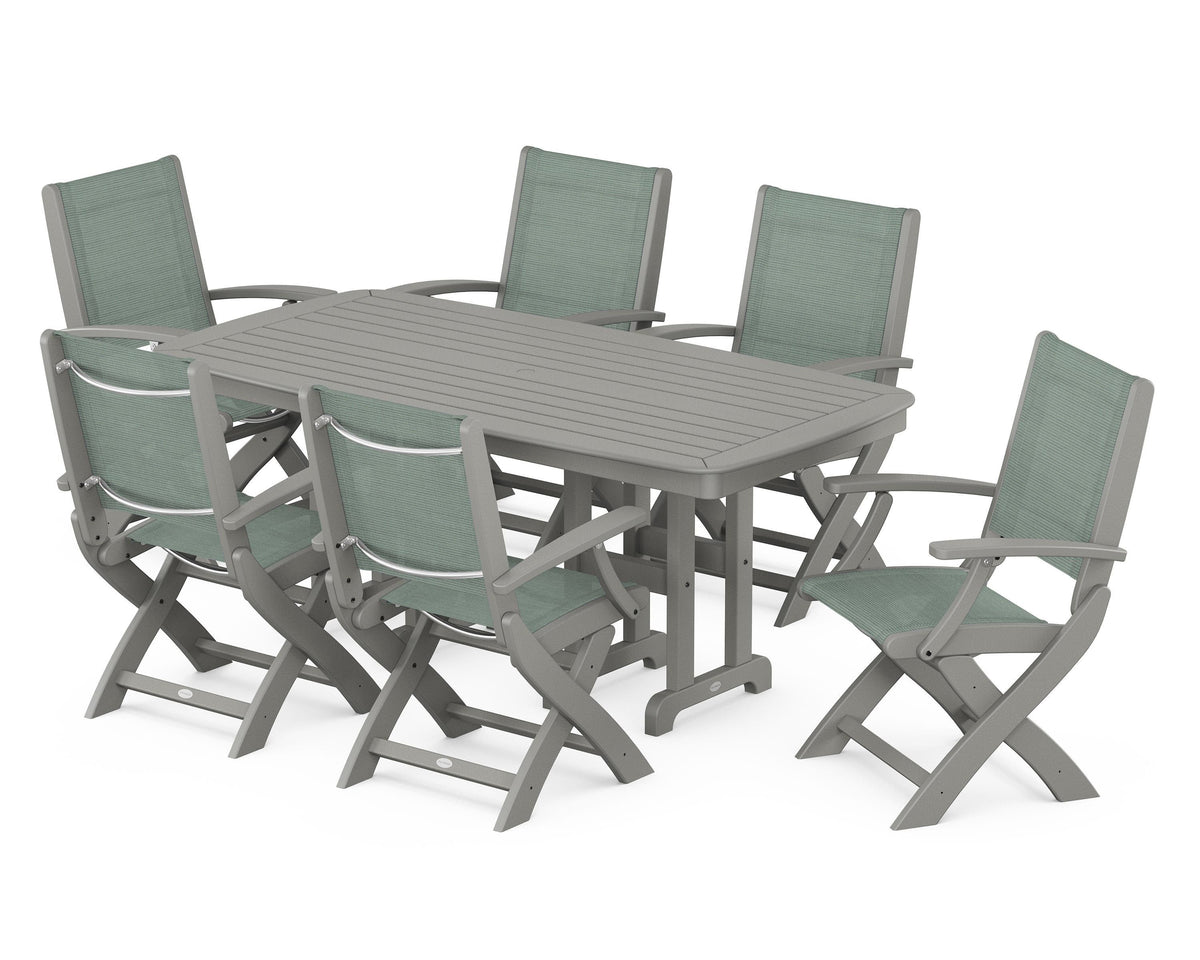 POLYWOOD Coastal Folding Arm Chair 7-Piece Dining Set in Slate Grey / Dupioni Sea Mist