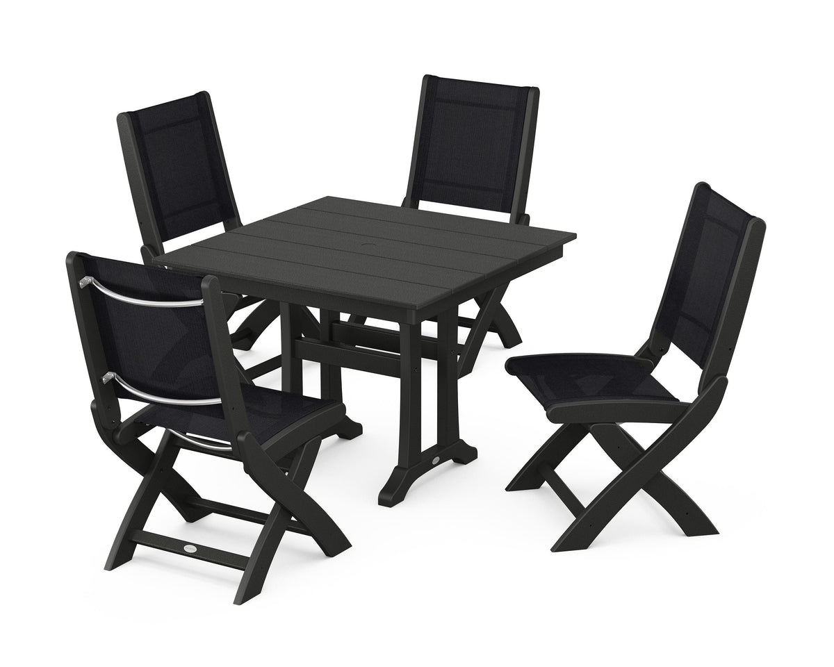 POLYWOOD Coastal Folding Side Chair 5-Piece Farmhouse Dining Set With Trestle Legs in Black / Black