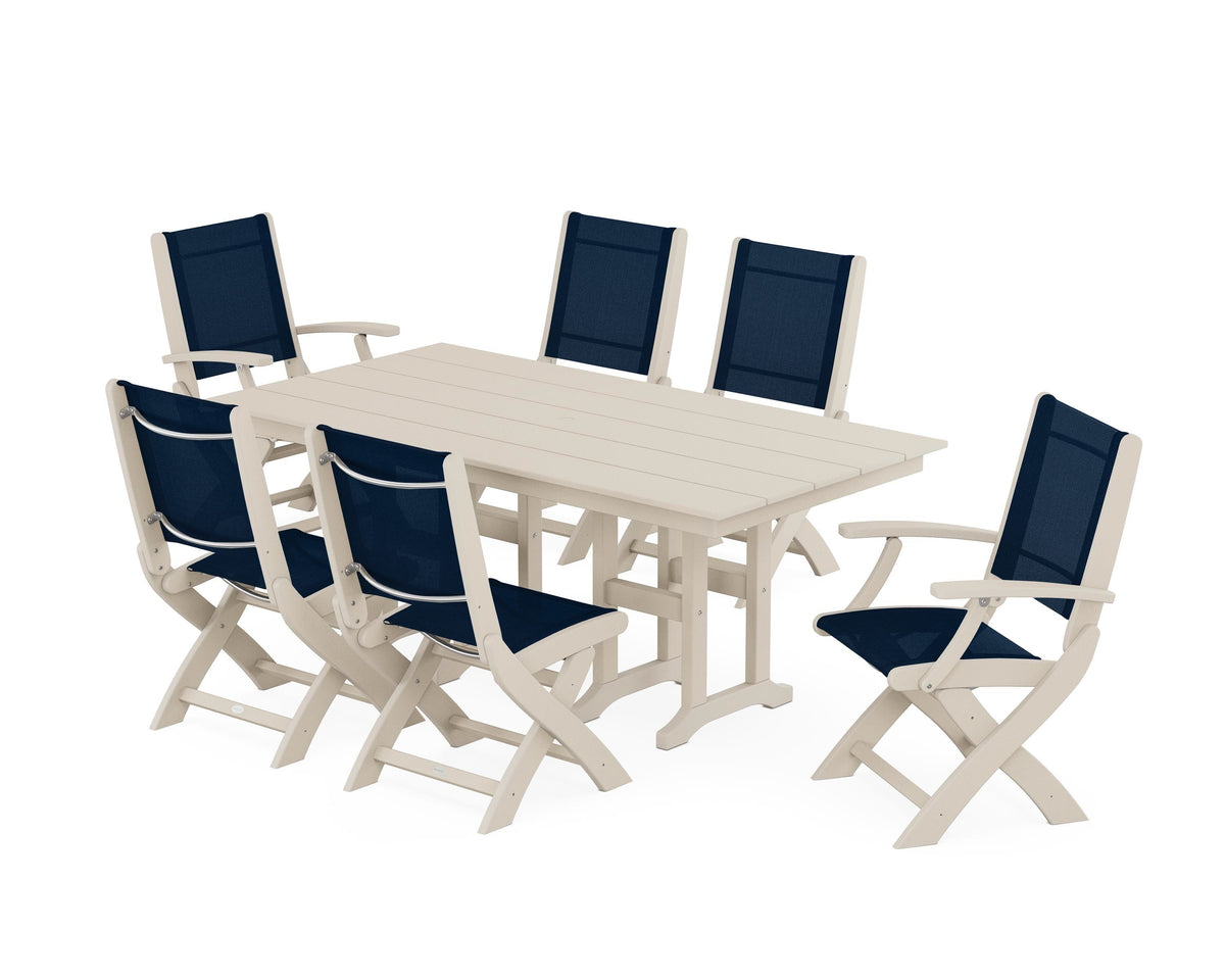 POLYWOOD Coastal Folding Chair 7-Piece Farmhouse Dining Set in Sand / Navy Blue