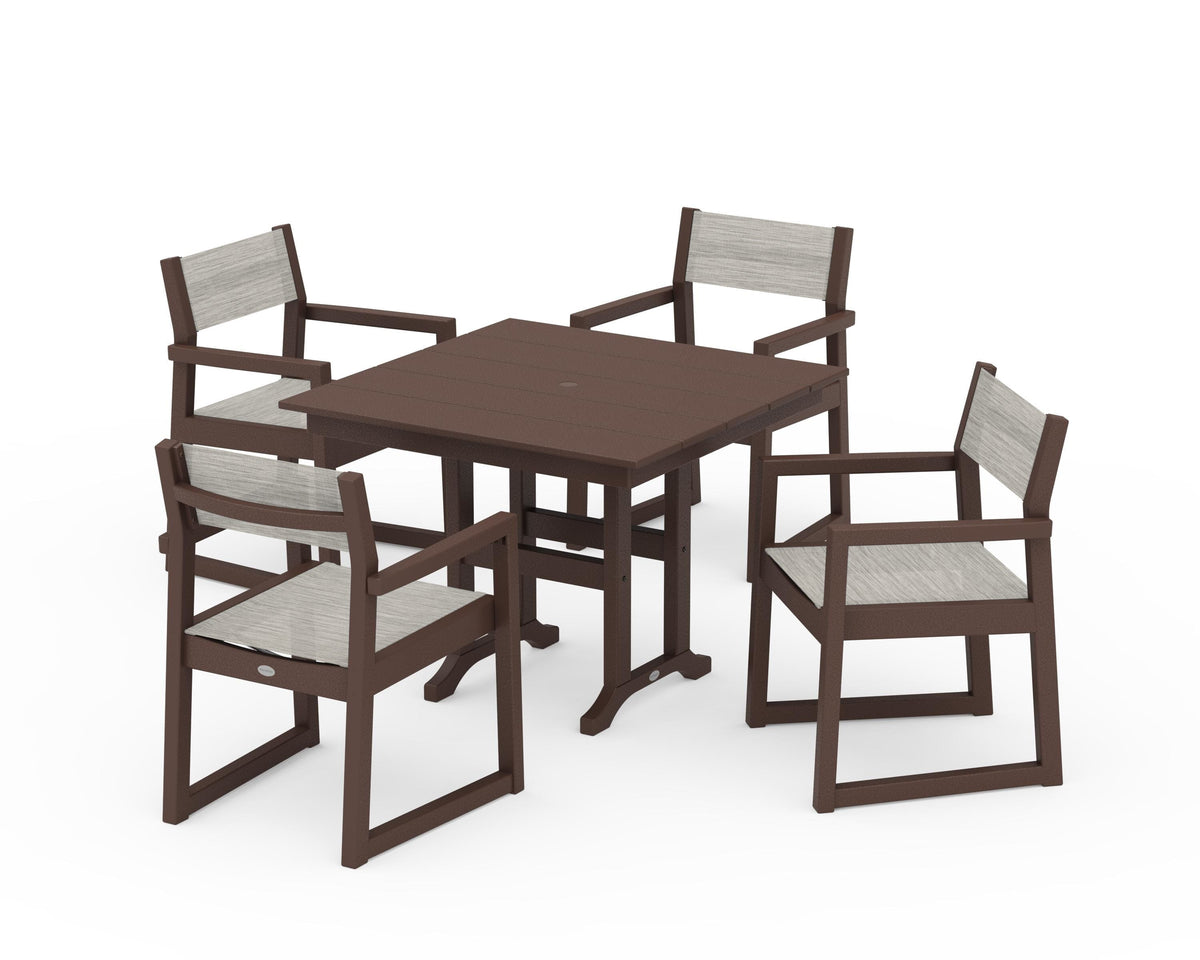 POLYWOOD EDGE Sling Arm Chair 5-Piece Farmhouse Dining Set in Mahogany / Birch