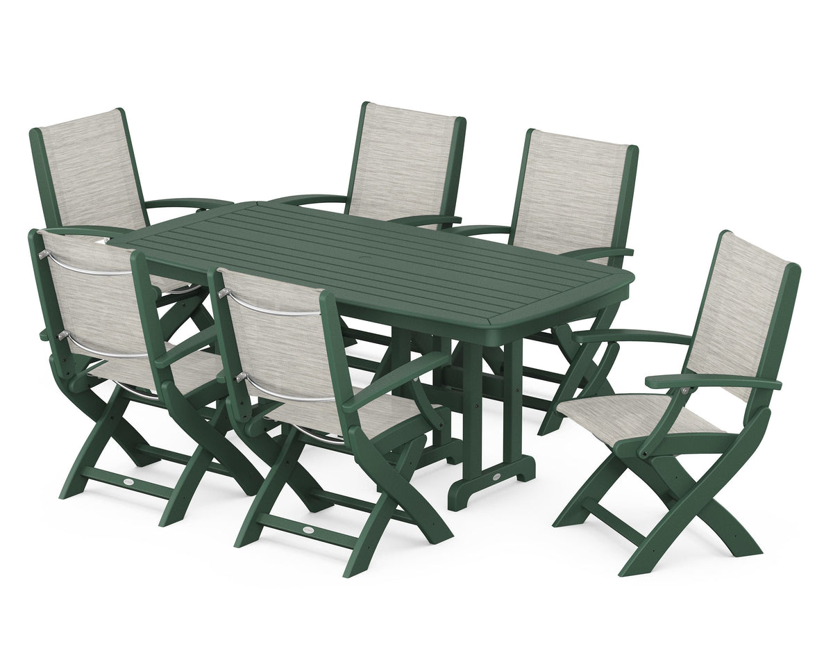 POLYWOOD Coastal Folding Arm Chair 7-Piece Dining Set in Green / Birch