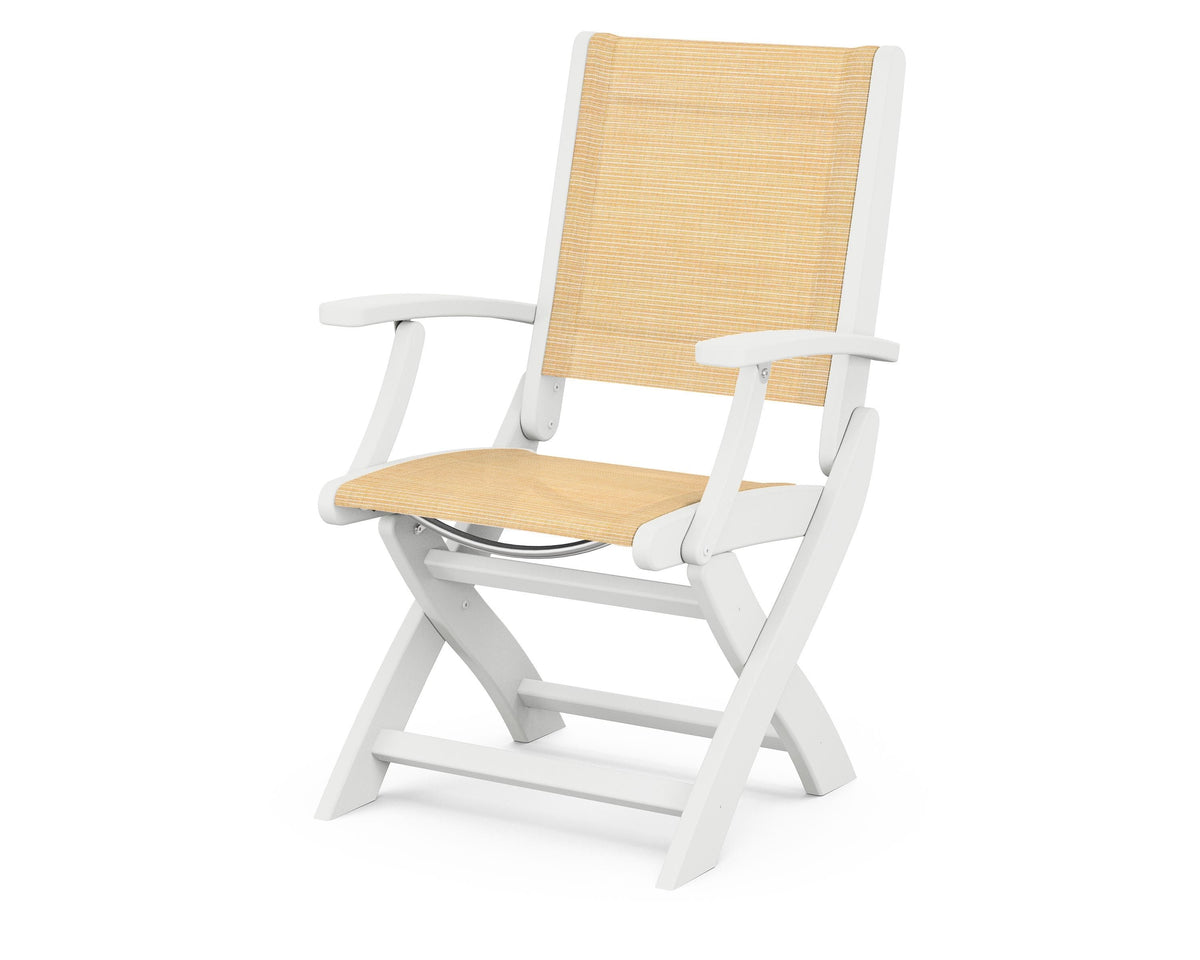 POLYWOOD Coastal Folding Chair in White with White arms and Dupioni Apricot sling