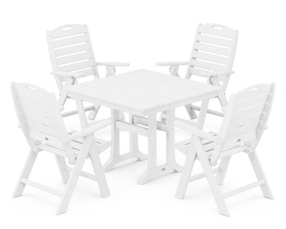 POLYWOOD Nautical Folding Highback Chair 5-Piece Farmhouse Trestle Dining Set in White