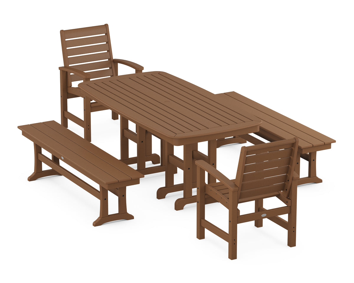 POLYWOOD Signature 5-Piece Dining Set with Benches - 37" x 72" Table in Teak