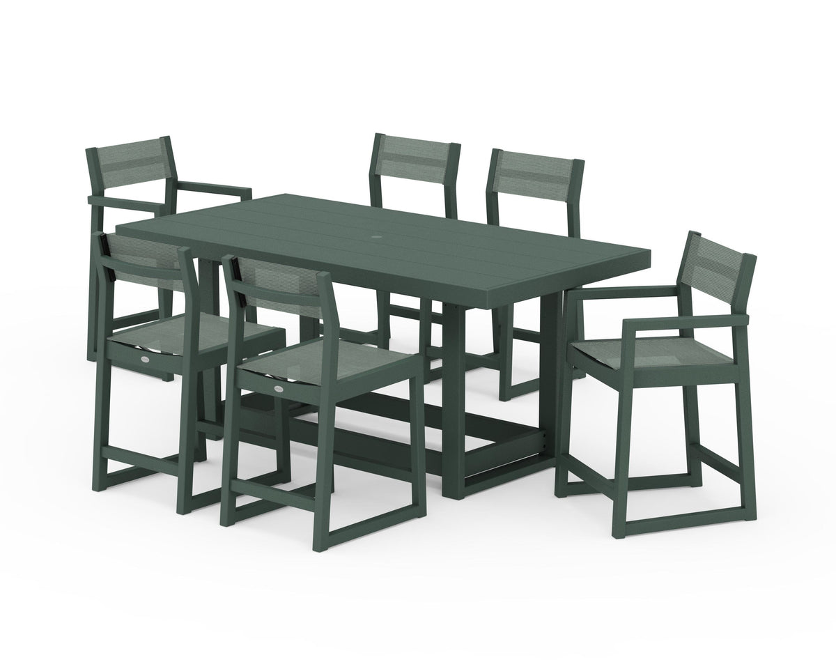 POLYWOOD EDGE Sling 7-Piece Counter Table Set in Green / Dupioni Sea Mist