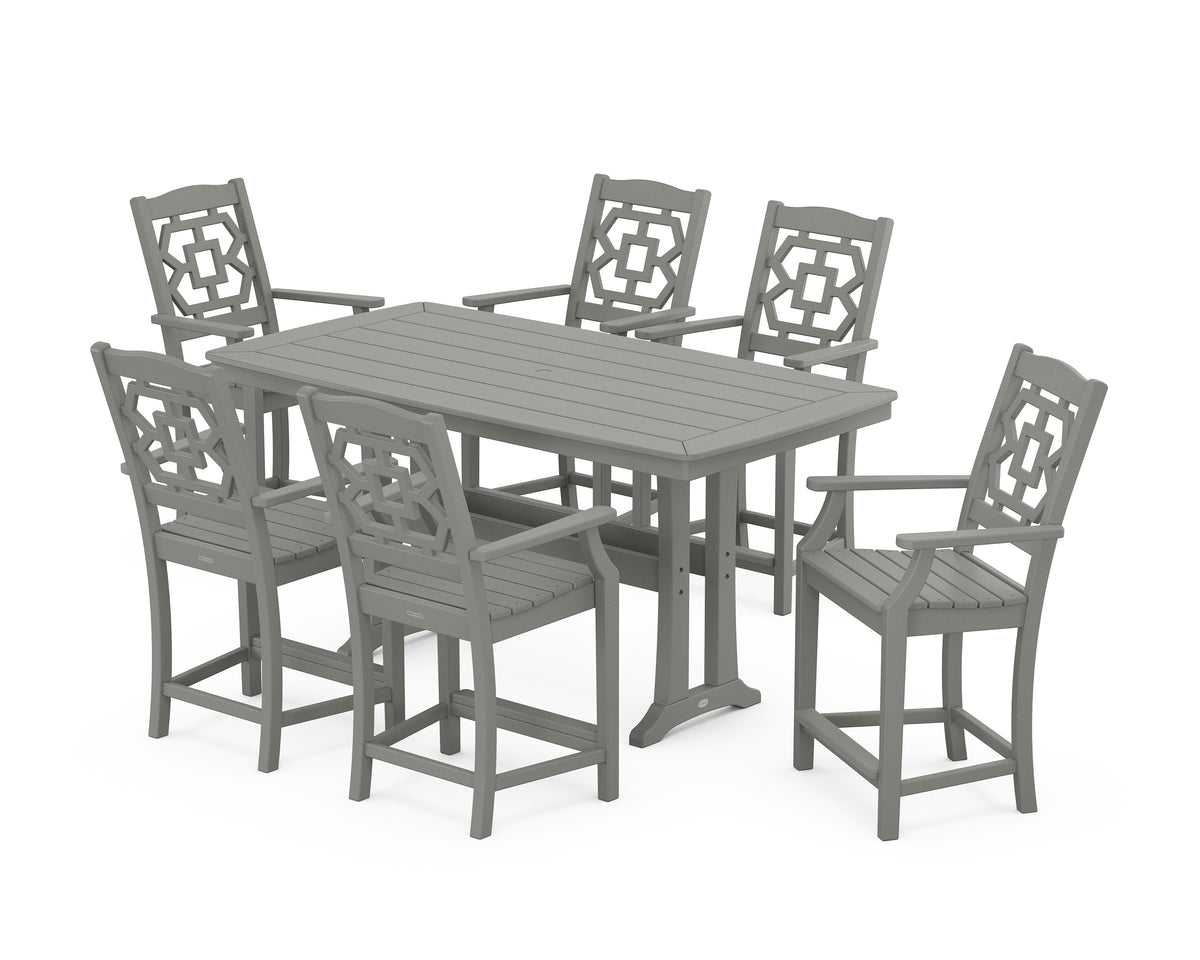 POLYWOOD Chinoiserie Arm Chair 7-Piece Counter Set with Trestle Legs in Slate Grey