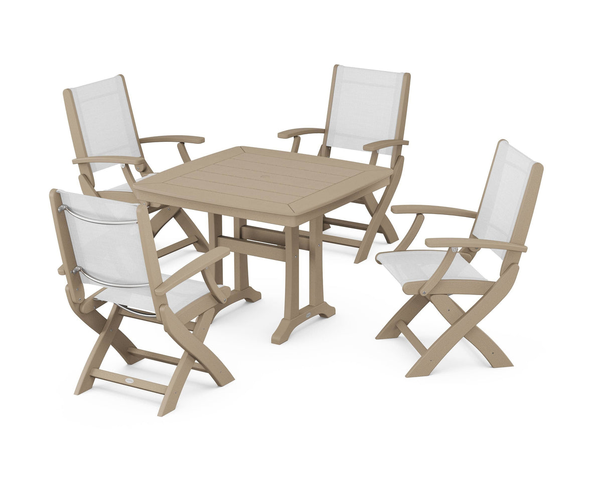 POLYWOOD Coastal Folding Chair 5-Piece Dining Set with Trestle Legs in Vintage Sahara / White