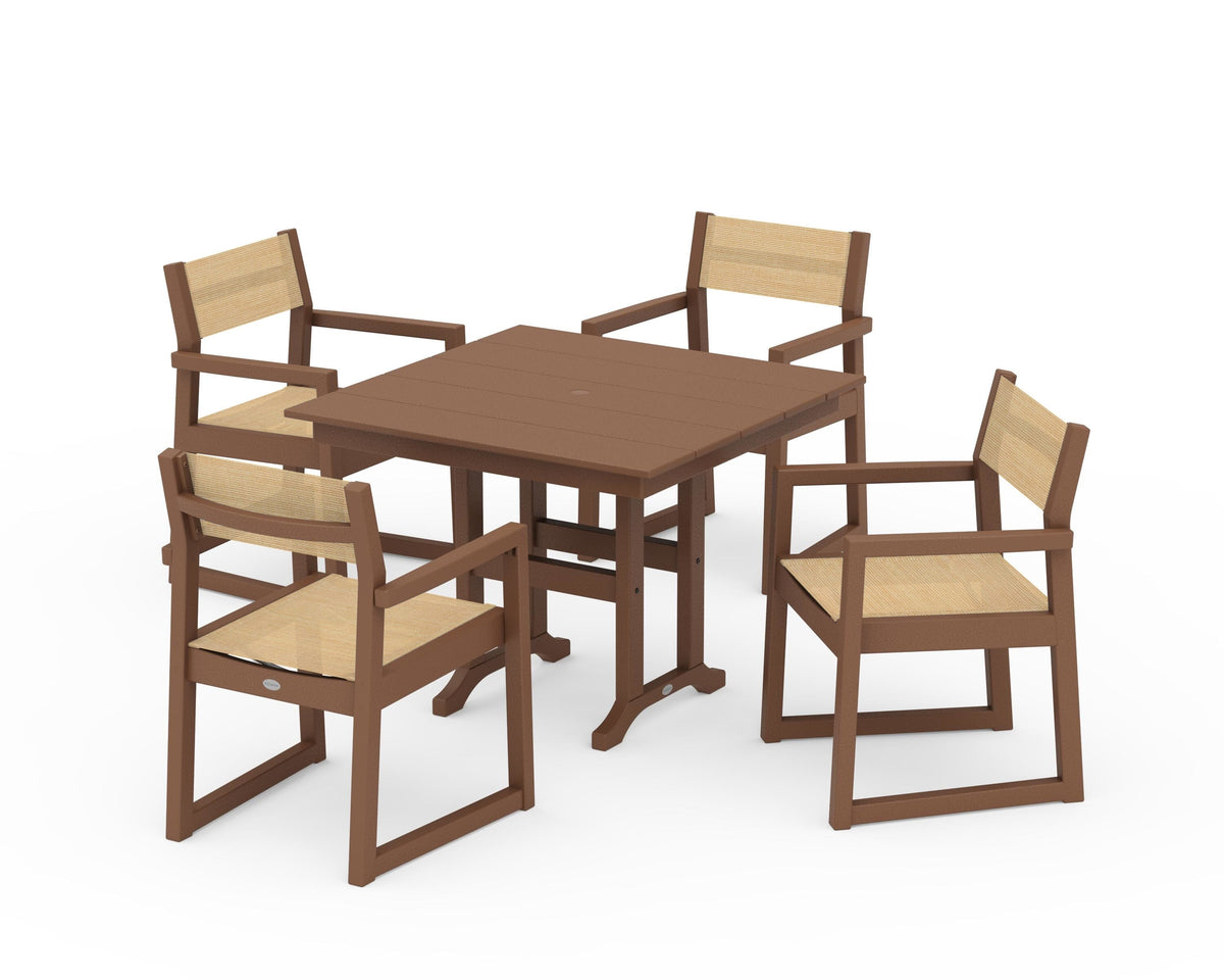 POLYWOOD EDGE Sling Arm Chair 5-Piece Farmhouse Dining Set in Teak / Dupioni Apricot