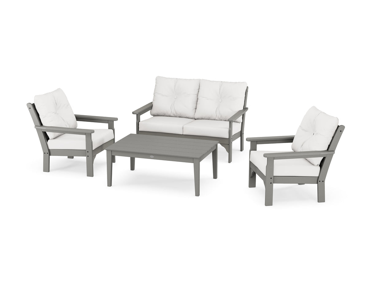 POLYWOOD Vineyard 4-Piece Deep Seating Set with Two Chairs and Loveseat in Slate Grey / Natural Linen