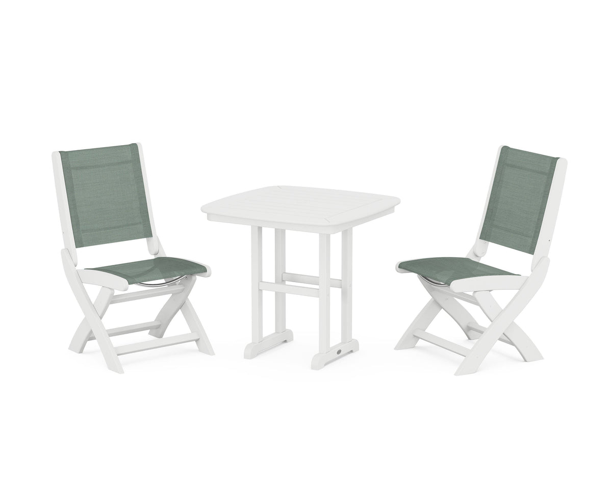 POLYWOOD Coastal Folding Side Chair 3-Piece Dining Set in White / Dupioni Sea Mist