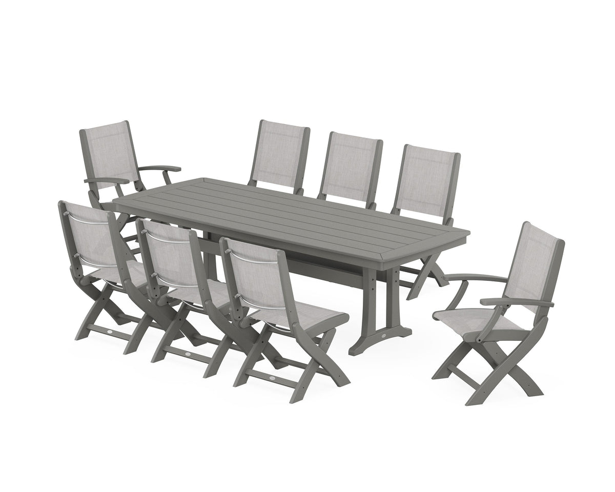 POLYWOOD Coastal Folding 9-Piece Dining Set with Trestle Legs in Slate Grey / Parchment