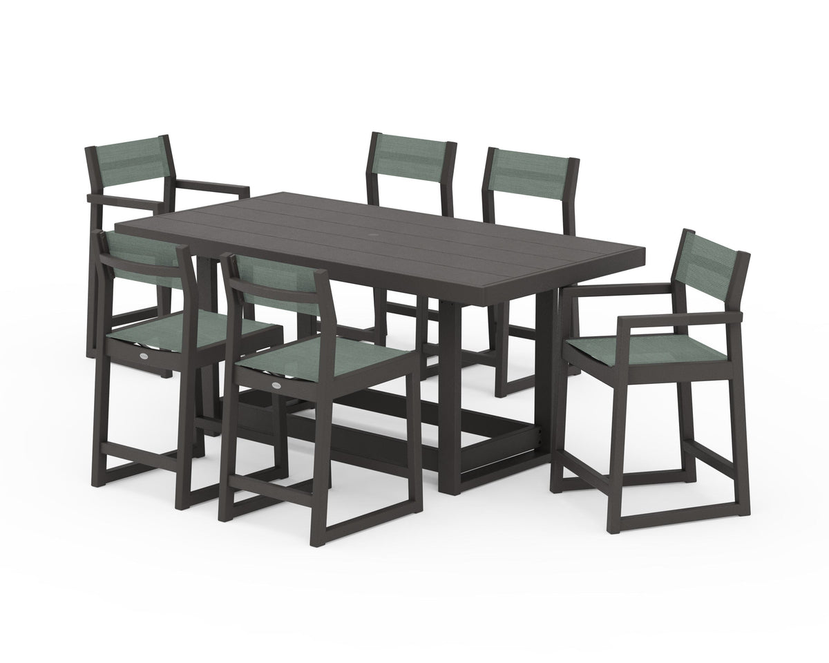 POLYWOOD EDGE Sling 7-Piece Counter Table Set in Vintage Coffee / Dupioni Sea Mist