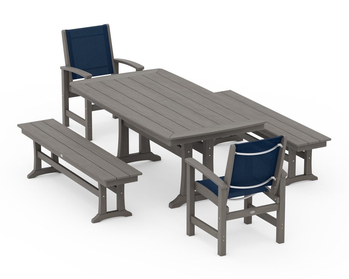 POLYWOOD Coastal 5-Piece Dining Set with Trestle Legs and Benches in Driftwood / Navy Blue