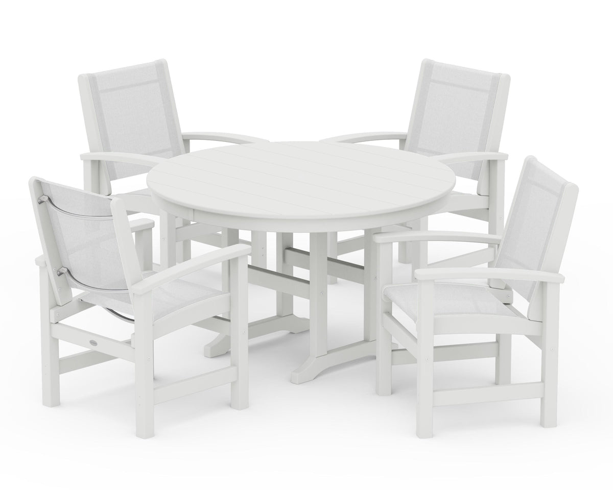 POLYWOOD Coastal 5-Piece Round Farmhouse Dining Set in Vintage White / White