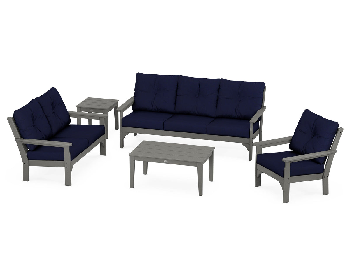 POLYWOOD Vineyard 5-Piece Deep Seating Set with Sofa in Slate Grey / Navy